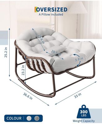 Outdoor Papasan Rocking Chair, Oversized Wicker Lounge Chair with Cushion and Metal Frame, Patio Rattan Egg Rocker for Balcony