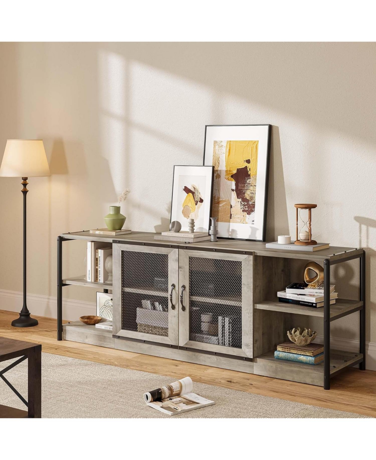Gaomon Farmhouse Tv Stand for 75/80 inches TVs, Entertainment Center with Storage Cabinet and Mesh Doors, Grey