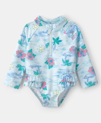 Baby Girls' One-Piece Tropical Beach Long-Sleeve Rashguard Swimsuit