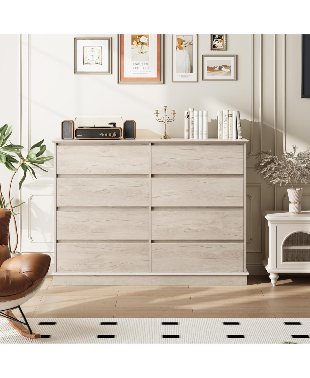 8 Drawer Storage Chest, Large Double Dresser with Deep Drawers and Wide Top, Horizontal Wooden Organizer for Living Room, Hallway, Entryway, Office,