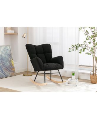 Black Teddy Fabric Nursery Rocking Glider Chair with Wooden Frame Metal Base Rocking Legs 250 LBS Capacity for Living Room Bedroom Indoor