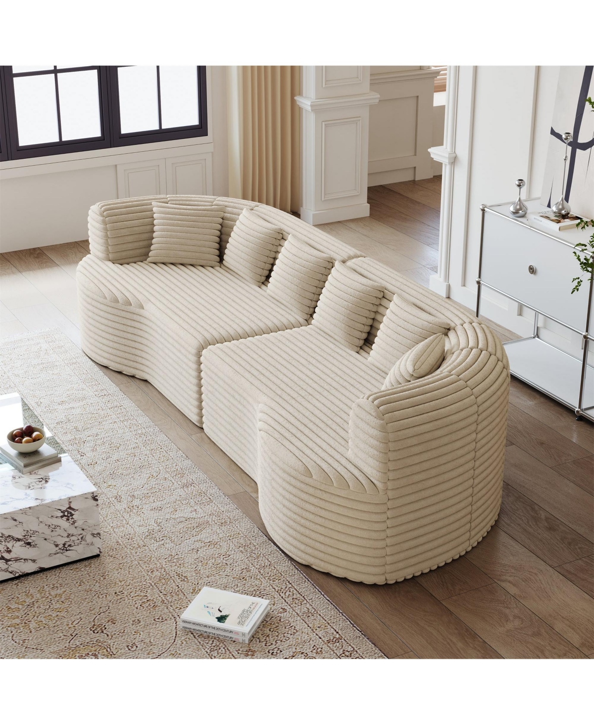 Clihome 106.3" Luxury Corduroy Sofa 4-Seater with 6 Cushions, Curved Sectional