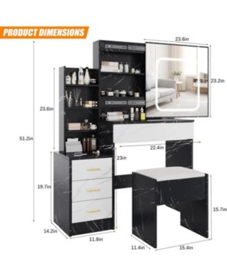 4-Drawer Vanity Desk, 3-Color Adjustable Lighted Mirror Makeup Table for Bedroom