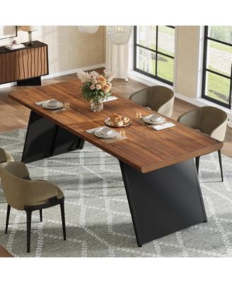 79" Long Dining Table for 6, Modern Narrow Rectangular Kitchen Table with Walnut Wooden Top & Black Metal Base