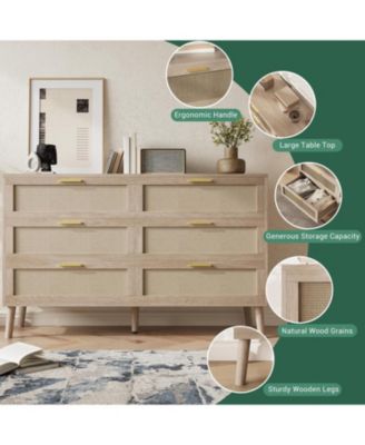 6 Drawer Rattan Dresser, 47.2'' x 15.7'' x 29.5'' Rattan Chest of Dressers, Mid Century Modern Dresser for Closet with Handles