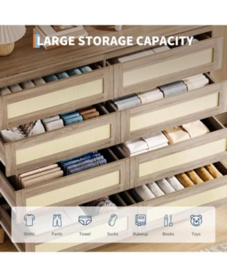 rattan 6 drawer bedroom dresser with deep drawers and wide top, ideal for closets, entryways, and hallways
