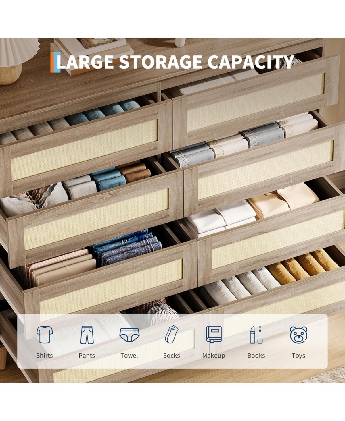 Gaomon rattan 6 drawer bedroom dresser with deep drawers and wide top, ideal for closets, entryways, and hallways