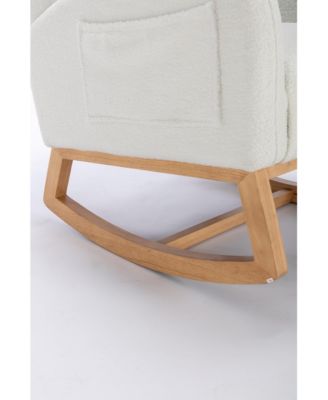 Ivory Teddy Fabric Rocking Chair with Wooden Frame Legs Built in Packet Ergonomic Backrest 300 LBS Capacity for Living Room Bedroom