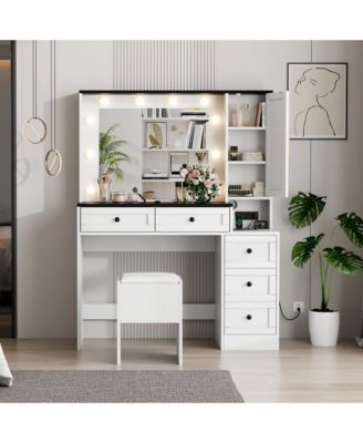 Makeup Vanity Desk Lighted Mirror and Cushioned Stool Wooden Dressing Table