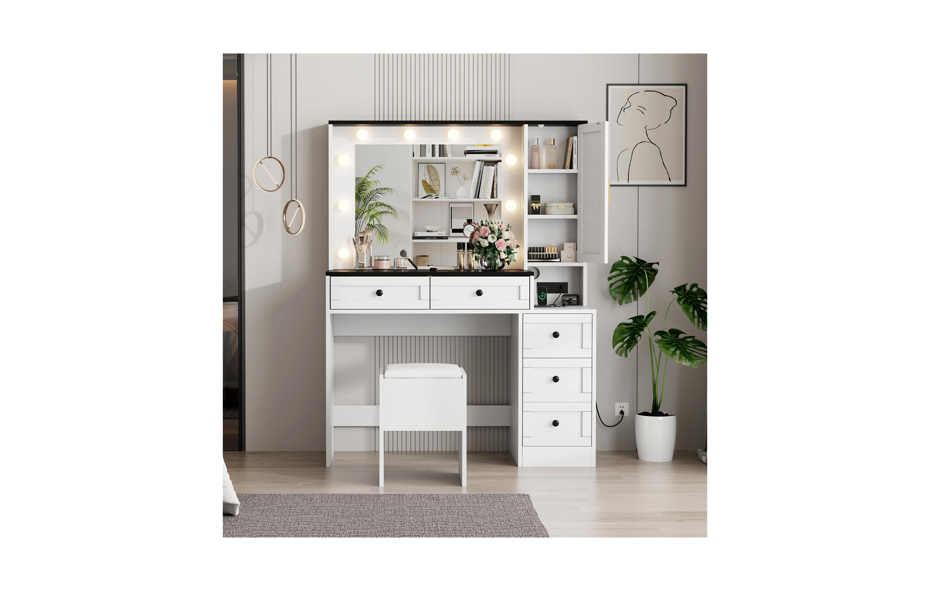 Gaomon Makeup Vanity Desk Lighted Mirror and Cushioned Stool Wooden Dressing Table
