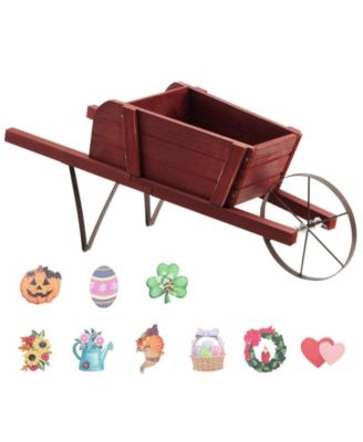 Wooden Wagon Planter Decorative Indoor/Outdoor Rustic Flower Cart with Wheel