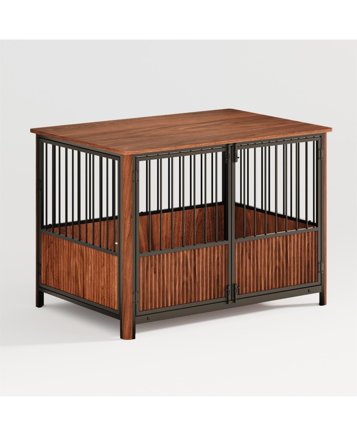 Aostirmotor 43" Furniture Style Dog Crate End Table, Walnut Fluted Wood Pet House for Large Dogs, Double Door Design