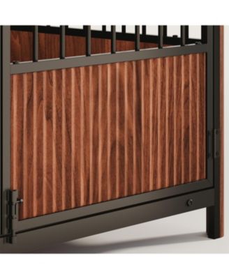 43" Furniture Style Dog Crate End Table, Walnut Fluted Wood Pet House for Large Dogs, Double Door Design