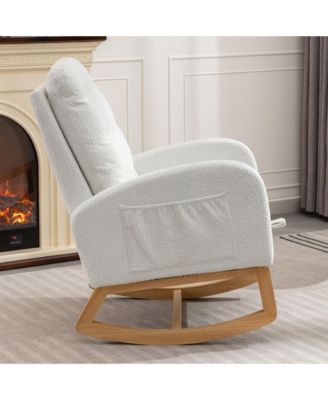 High Back Accent Rocking Chair with Footrest Rubber Wood Legs Side Storage Pocket for Bedroom Living Room Nursery