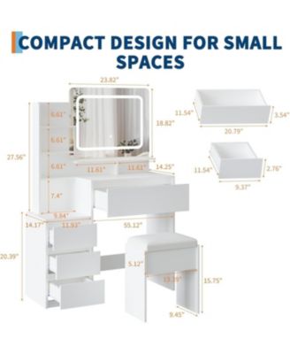 White 4-Drawer Vanity Desk Set, Lighted Makeup Table with Power Outlet, USB Ports & Matching Stool