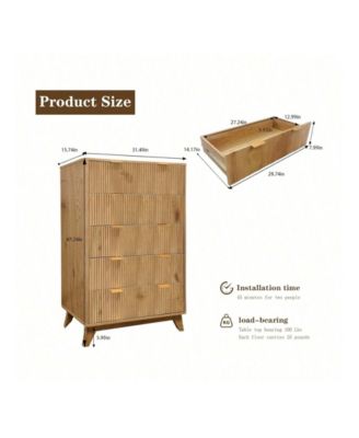 Tall 5-Drawer Wood Dresser, Waveform Fluted Panel Modern Chest of Drawers for Bedroom Clothes Storage