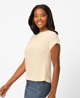 Petite Buttoned-Back Dolman-Sleeve Tape Yarn Sweater