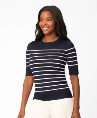 Women's Striped Crew-Neck Elbow-Sleeve Sweater