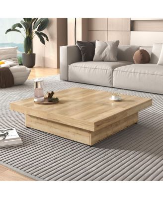 Square Veneer Coffee Table Sliding Top with Storage in Natural Wood Grain 39.4"