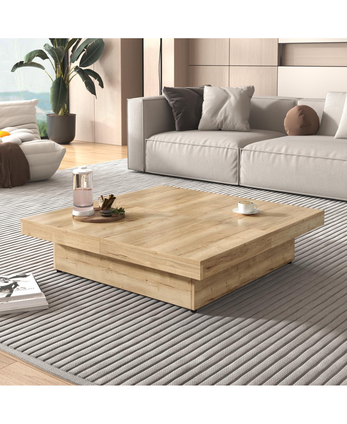 Streamdale Furniture Square Veneer Coffee Table Sliding Top with Storage Natural Wood Grain 39.4"