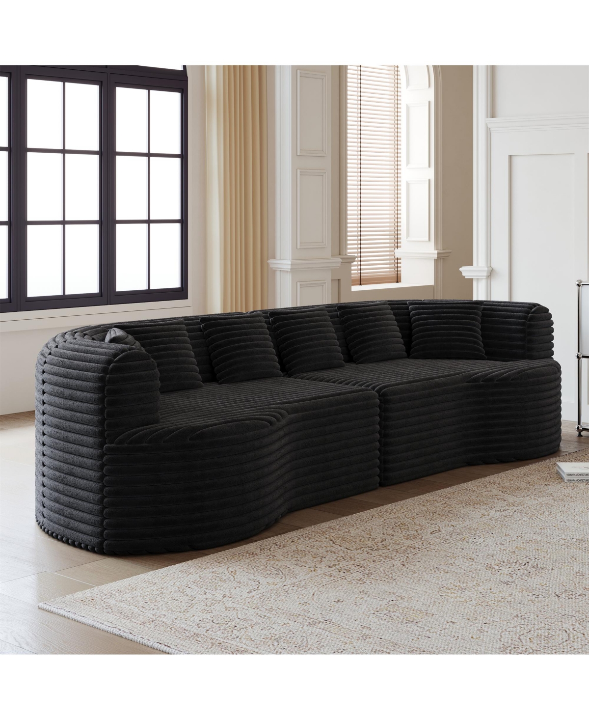Clihome 106.3" Luxury Corduroy Sofa 4-Seater with 6 Cushions, Curved Sectional Sofa