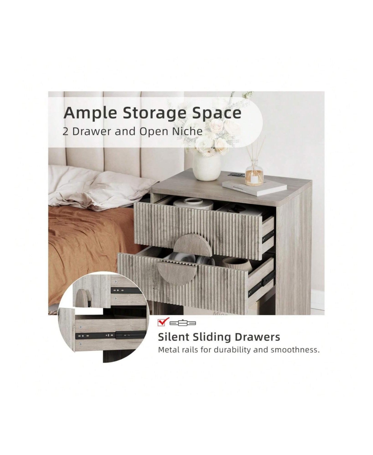 gaomon Set of 2 Modern Farmhouse Fluted Nightstands, 2-Drawer Side Table with Usb Charging Station