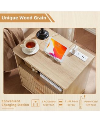23 Inch Fluted Farmhouse Nightstand, 2-Drawer End Table with USB Charging Station for Bedroom