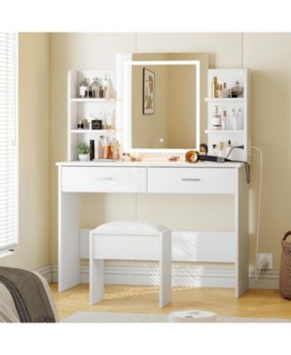 White 2-Drawer Lighted Mirror Vanity, Clean-Lined Makeup Desk for Bedroom Interiors
