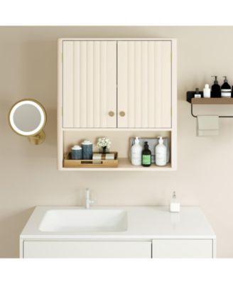 Fluted Bathroom Wall Storage Cabinet with Open Shelf Organizer