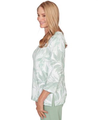 Petite Monotone Leaf Print Split Neck Top