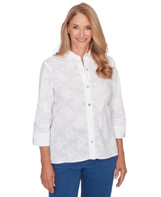 Petite Flower Embroidered Button-Down Top