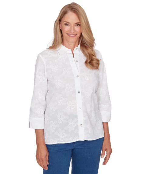 Petite Flower Embroidered Button-Down Top - White