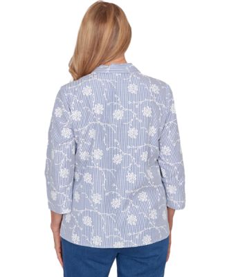 Petite Classics Puff Print Pinstripe Embroidered Collared Top