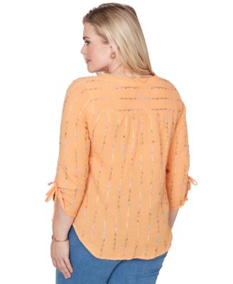 Petite Eyelash Gauze Textured Tie Sleeve Split Neck Top