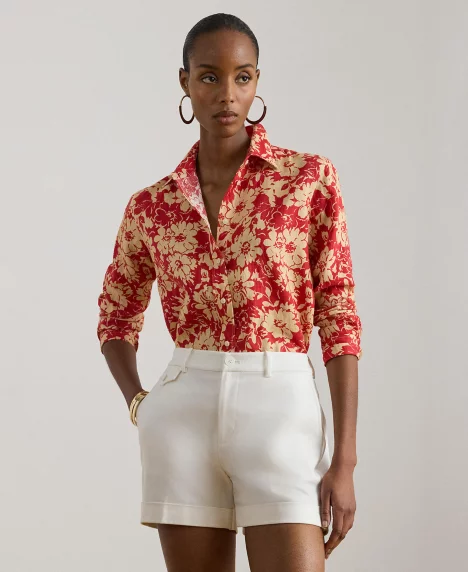 Petite Relaxed Fit Floral Linen Shirt - Red/Tan