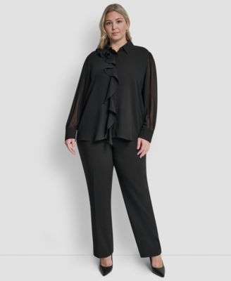 Plus Size Collared Ruffle Detail Long-Sleeve Top