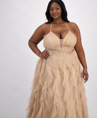 Trendy Plus Size Glitter-Mesh Lace-Up-Back Gown