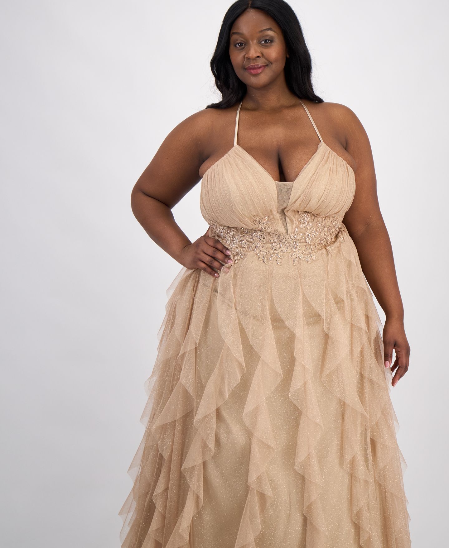 Женские платья pear culture Trendy Plus Size Glitter-Mesh Lace-Up-Back Gown, цвет: Золотой — фото 2