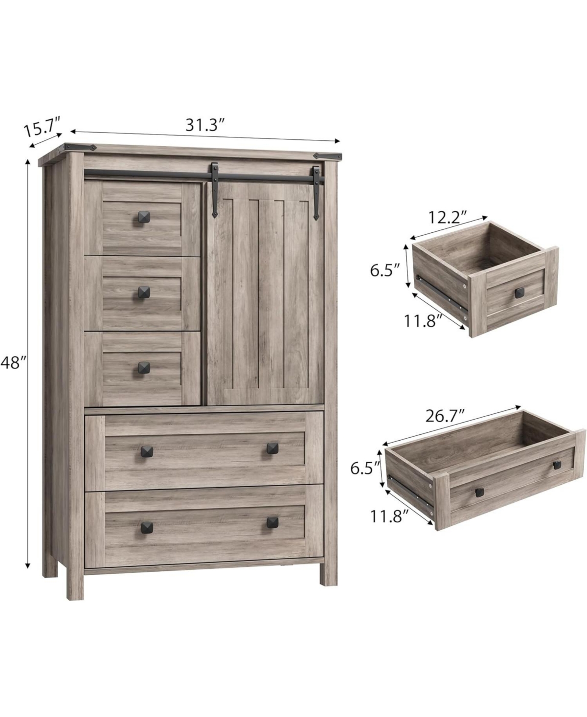 gaomon Farmhouse 5 Drawer Dresser for Bedroom, Wood Chest of with Sliding Barn Door, Adjustable Shelf