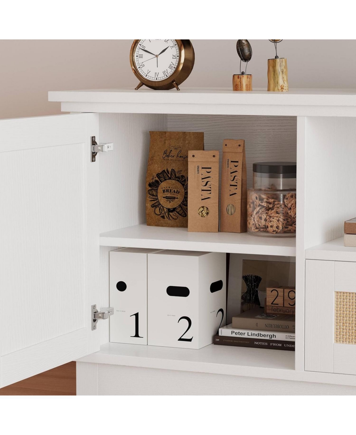 gaomon Rattan Tv Stand, Boho Entertainment Center for 65 Inch Tv, Tv Console with 2 Cabinets & Adjustable Shelf