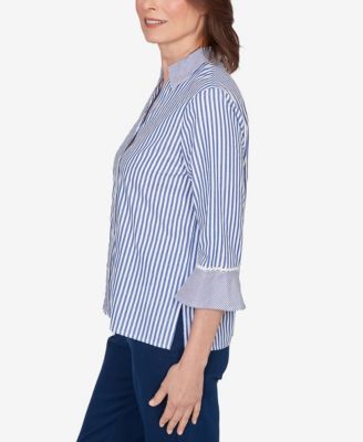 Petite Mykonos Mixed Stripe Button Front Lace Trim Top