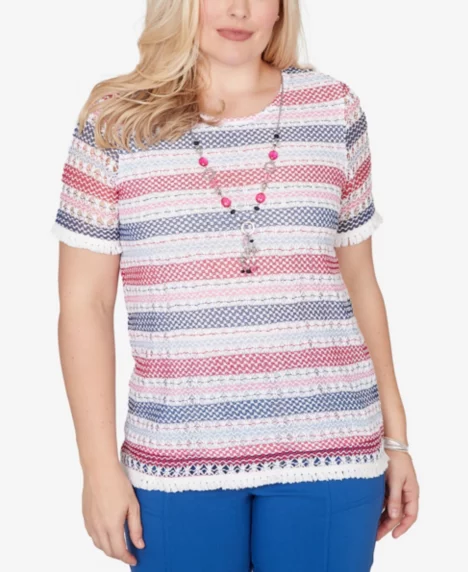 Petite The Royal Treatment Biadere Fringe Textured T-Shirt with Necklace - Pink Multi
