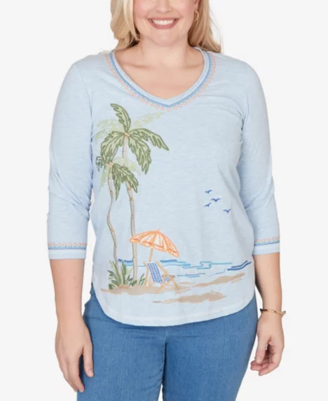 Petite Beachcomber Scenic Palm Tree Embroidered Top - Light Blue