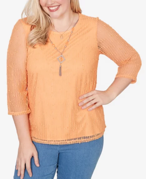 Petite Beachcomber Bright Popcorn Mesh Top with Necklace - Apricot