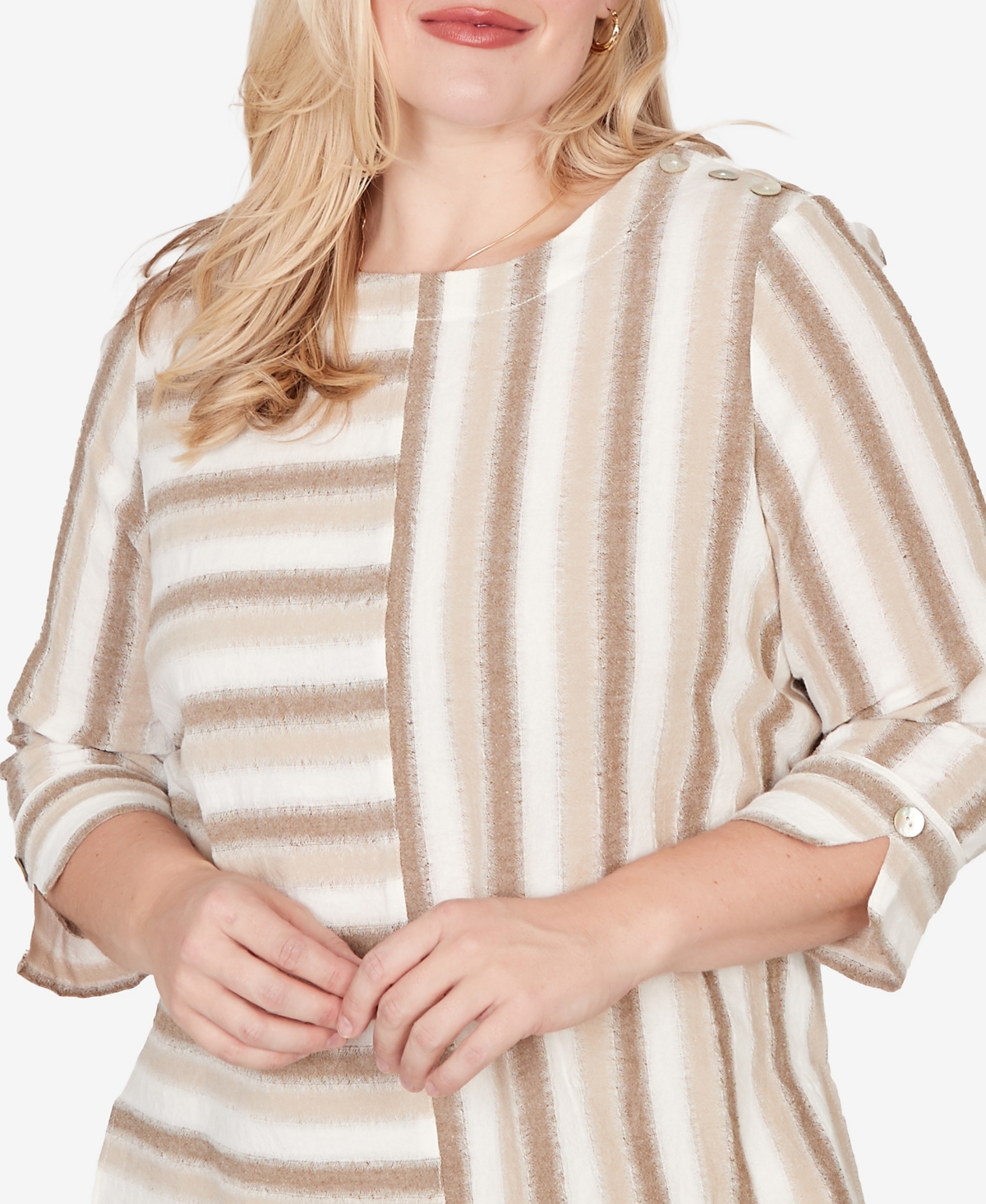 Alfred Dunner Petite Natural Wonder Spliced Stripe Three Quarter Sleeve Top