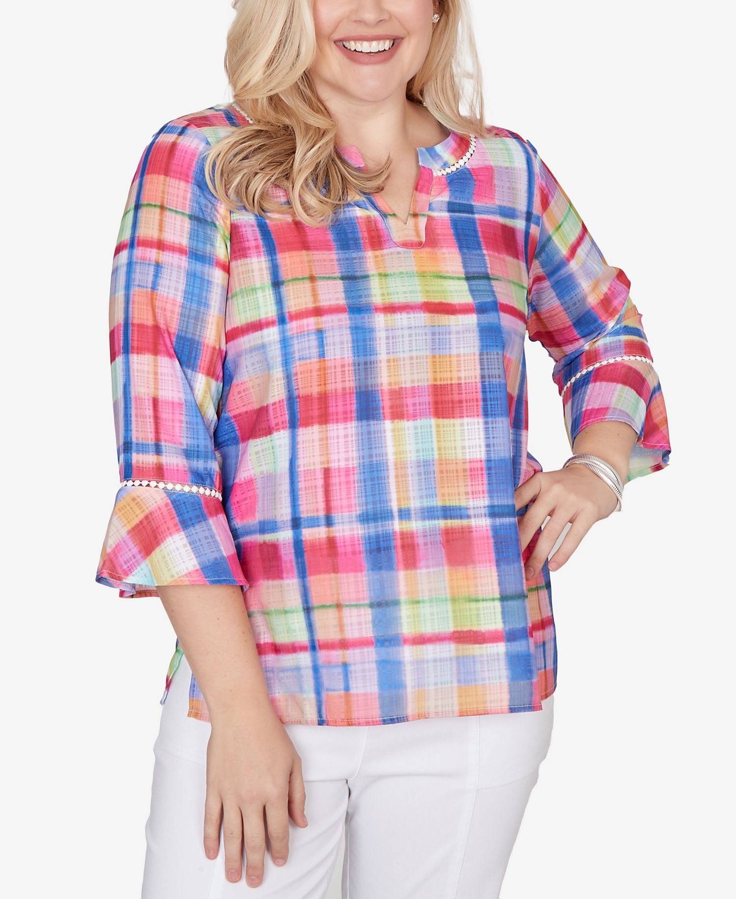 Petite The Royal Treatment Watercolor Split Neck Bell Sleeve Top
