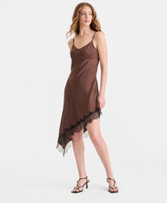 Women's Satin Lace-Trim Asymmetric-Hem Dress