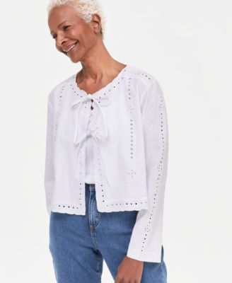 Women's Cotton Eyelet Lace Tie-Front Jacket