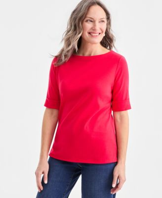 Women's Boat-Neck Elbow Sleeve Cotton Top