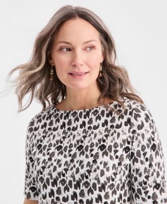 Women's Printed Boat-Neck Elbow-Sleeve Top